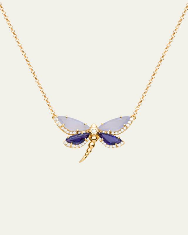 18K Rose Gold Medium Dragonfly Necklace with Chalcedony, Iolite and Diamonds